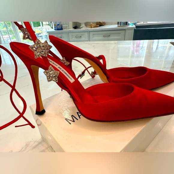 Manolo Blahnik Shoes - MANOLO BLAHNIKS NEW Kioto red satin pointy toe lace up stars size 39 RARE!!